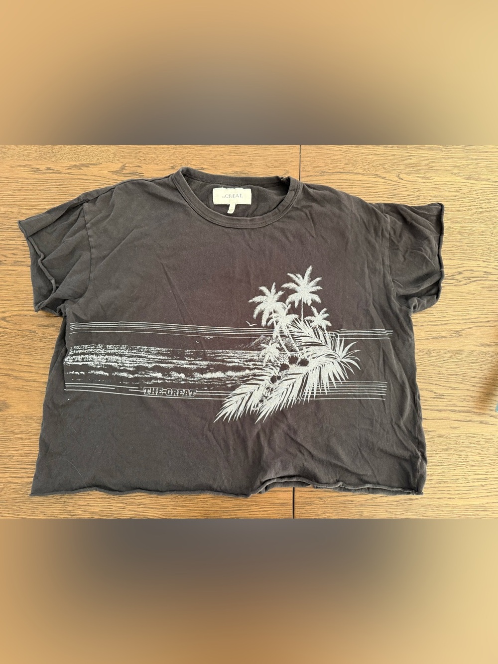 THE GREAT. Black Tee with White Palm-Print Graphic